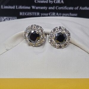 New 2ctw Black Moissanite Earrings Round Halo Studs GRA Cert. White Gold Plated